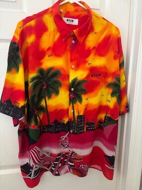 MSGM Red and Yellow Tropical Palm Print Button-Down Shirt